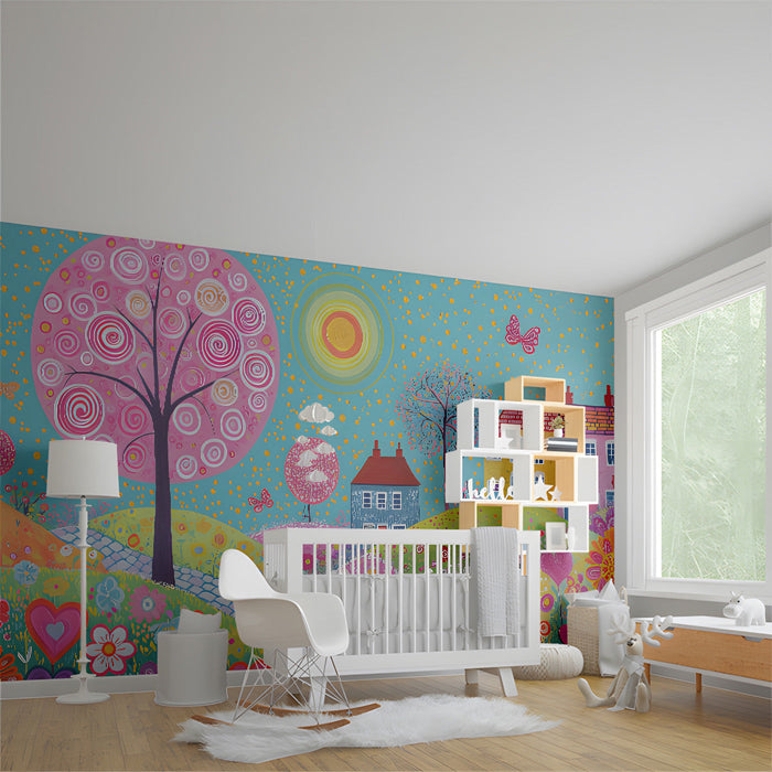 Folk art style wallpaper in a playful bedroom with a simple white table