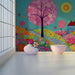 Whimsical landscape wallpaper installed in a bright nursery with light wood furniture