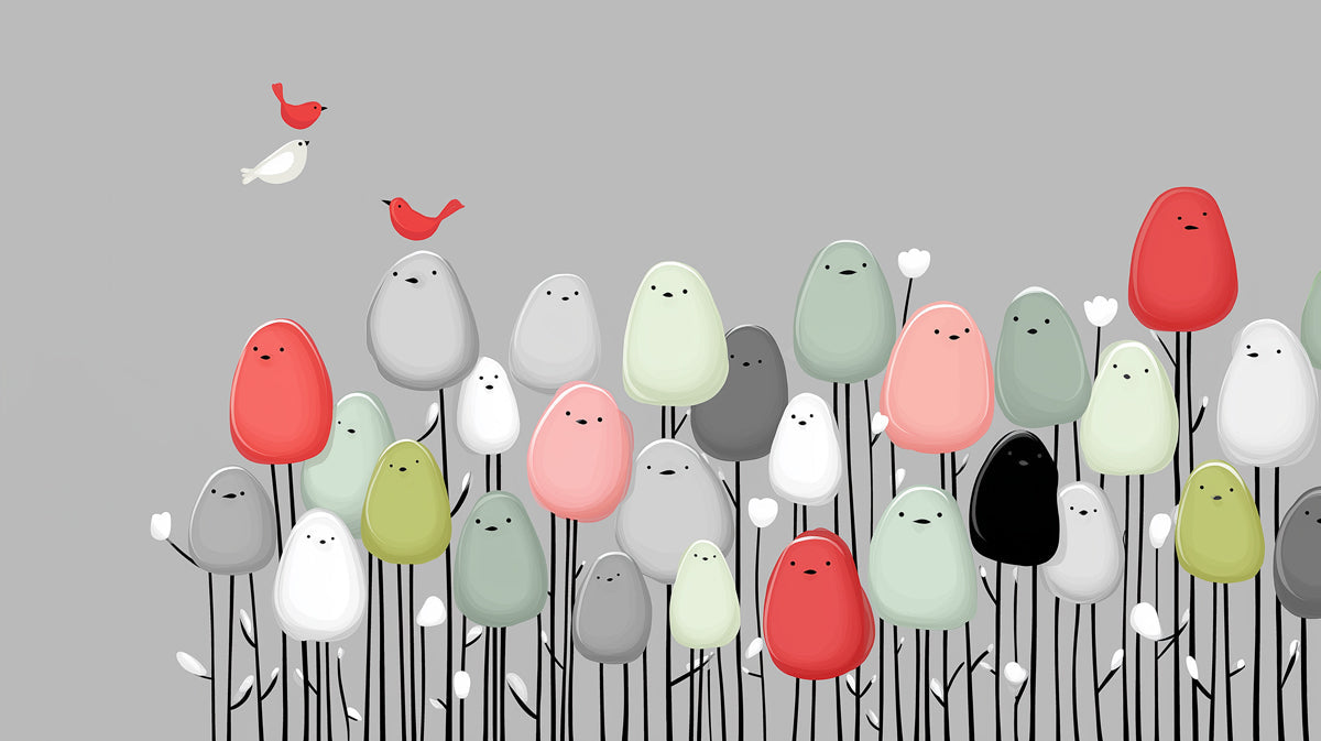 Whimsical bird mural wallpaper with poppy red and sage green characters on gray
