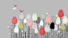 Whimsical bird mural wallpaper with poppy red and sage green characters on gray