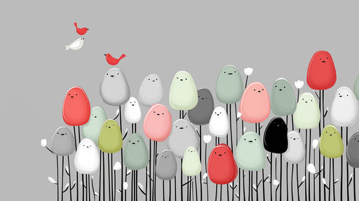 Whimsical bird mural wallpaper with poppy red and sage green characters on gray