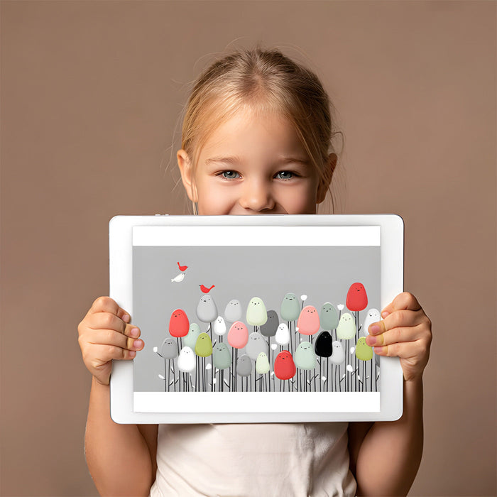 Cute bird garden wall mural featured in a minimalist child bedroom space