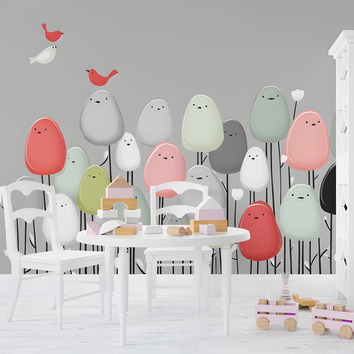 Whimsical avian wall covering styled in a cheerful modern playroom area