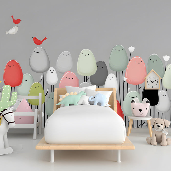 Playful bird pattern wallpaper installed in a bright modern nursery room