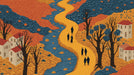 Folk art style wallpaper pattern with a winding river, walking figures, amber hills, and cream Mediterranean villas.