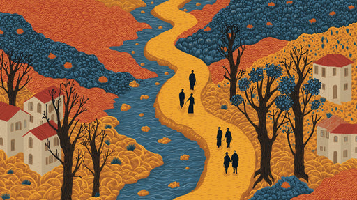 Folk art style wallpaper pattern with a winding river, walking figures, amber hills, and cream Mediterranean villas.