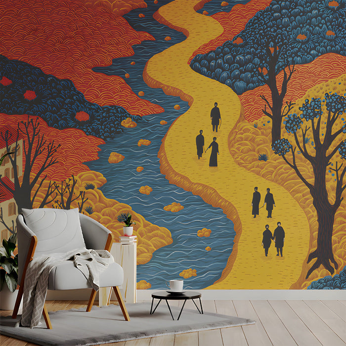 Study room wall mural depicting an artistic river valley landscape for a creative home office environment.