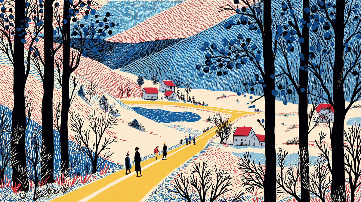 An illustrated countryside landscape featuring charcoal trees, cobalt blue hills, a golden road, and red-roofed cottages in a folk art style