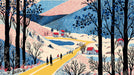 An illustrated countryside landscape featuring charcoal trees, cobalt blue hills, a golden road, and red-roofed cottages in a folk art style