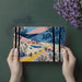 A cozy entryway hallway with an illustrated landscape mural providing a whimsical and welcoming atmosphere