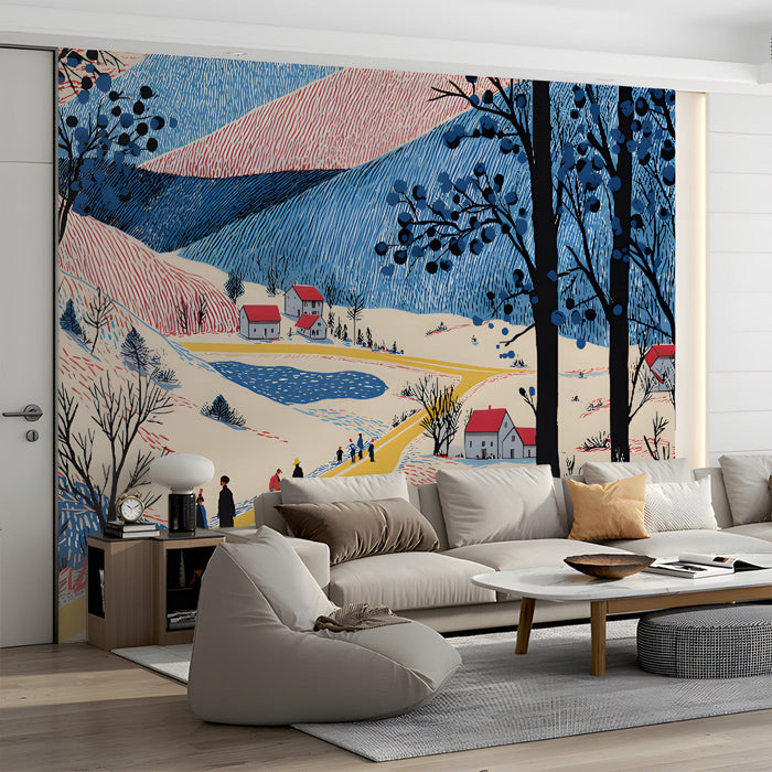 A living room with a graphic landscape wall mural paired with solid wood bookshelves and mid-century lighting