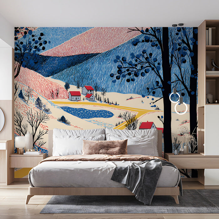 A bright, cheerful bedroom featuring a folk art valley mural on the main wall with light oak dining furniture