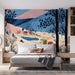 A bright, cheerful bedroom featuring a folk art valley mural on the main wall with light oak dining furniture
