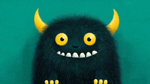 A cartoon monster with charcoal fur, yellow horns, and yellow eyes against a teal background.