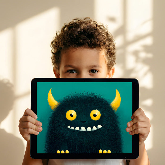 A colorful playroom space with a friendly monster mural as the focal point.