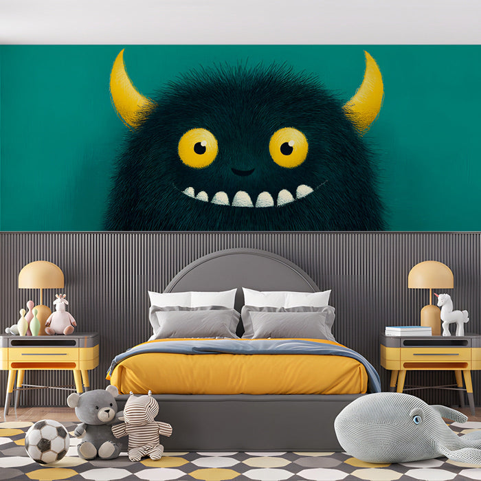 A vibrant study area for children decorated with a character-themed wallpaper.