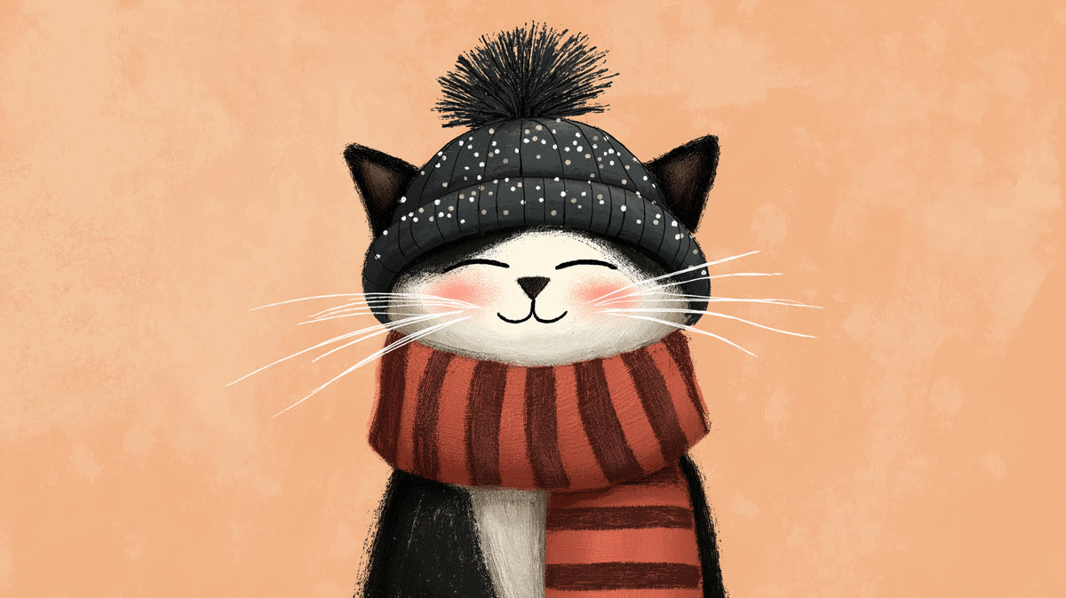 Illustration of a cute cat wearing a black beanie and a red and charcoal striped scarf against a soft peach background.