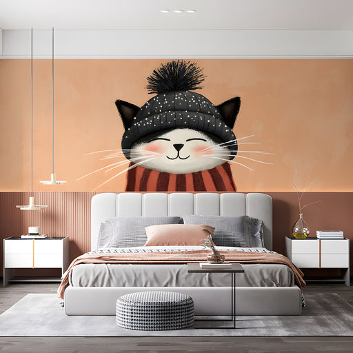 A cozy bedroom featuring the cute cat illustration on a feature wall, creating a playful and warm atmosphere.