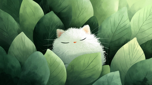 Illustration of a fluffy white cat with closed eyes sleeping inside a thicket of dark and light green leaves.
