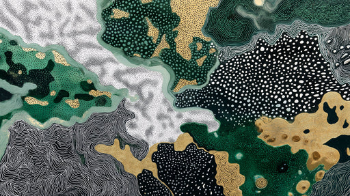 Abstract wallpaper pattern with swirling topographic lines, stippled forest green, charcoal gray, and metallic gold accents.