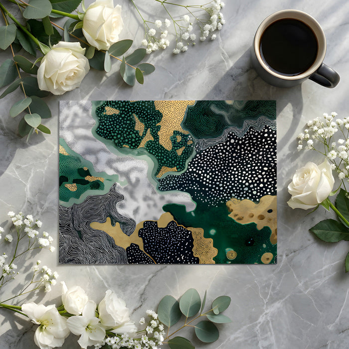 Contemporary living room featuring a bold abstract landscape mural with organic black, green, and gold shapes.