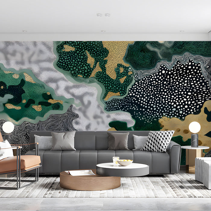 Sophisticated living room with intricate topographic wall art in deep forest tones and metallic highlights.