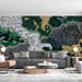 Sophisticated living room with intricate topographic wall art in deep forest tones and metallic highlights.