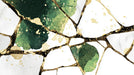 Kintsugi style wallpaper with deep green blotches, gold ink veins, and black charcoal fractures on white