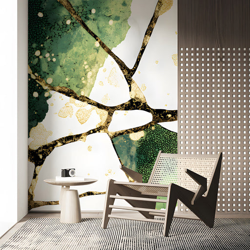 Modern study featuring the green and gold kintsugi mural on a statement wall
