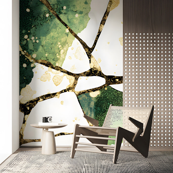 Modern study featuring the green and gold kintsugi mural on a statement wall