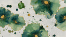 Abstract floral pattern in emerald, forest green, and gold ink wash style on a white background