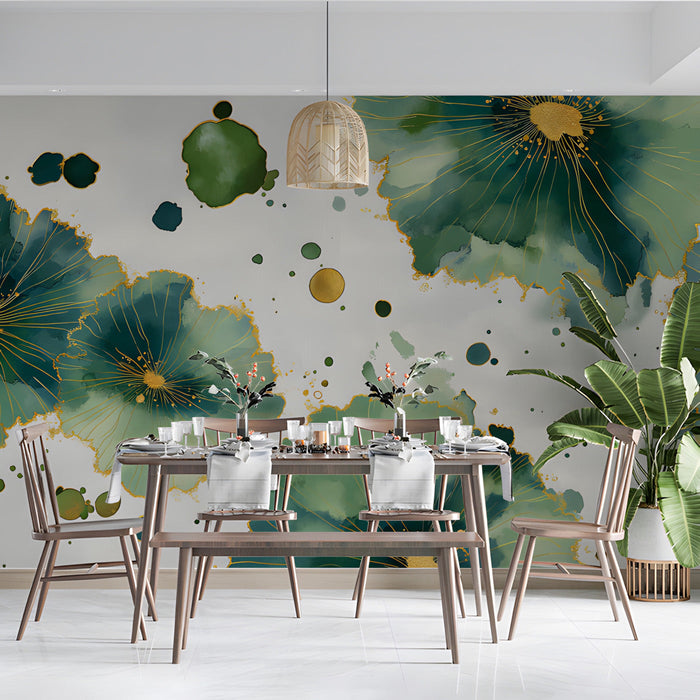 Modern home office space with sophisticated ink wash floral wallpaper