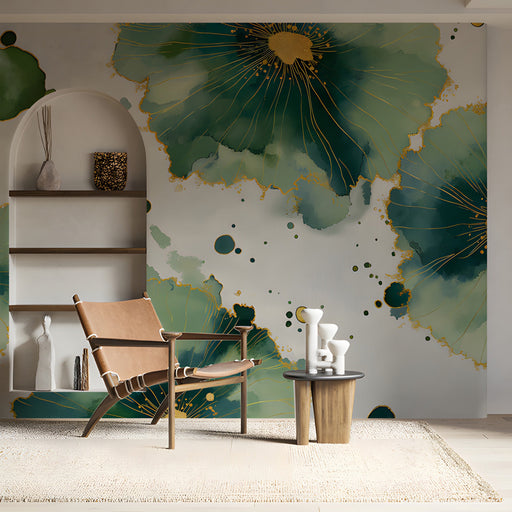 Study interior featuring emerald and gold abstract floral mural on the main feature wall