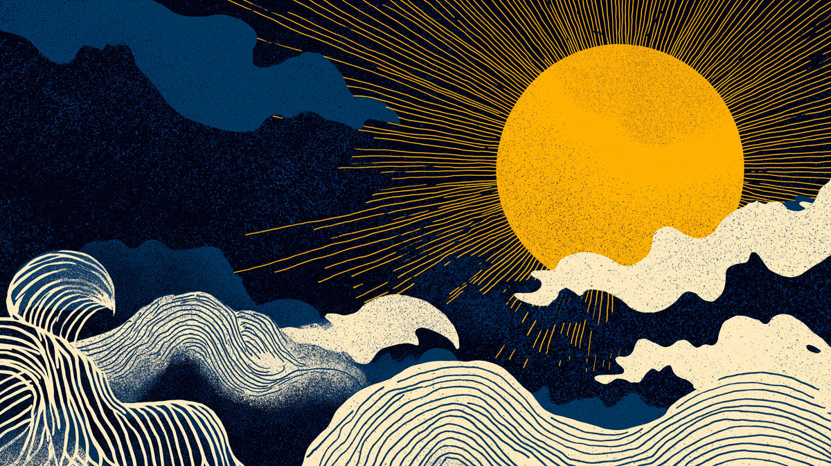 Abstract wallpaper pattern with a large ochre sun, radiating gold beams, and stylized cream waves on a dark midnight blue background
