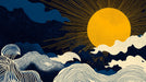 Abstract wallpaper pattern with a large ochre sun, radiating gold beams, and stylized cream waves on a dark midnight blue background