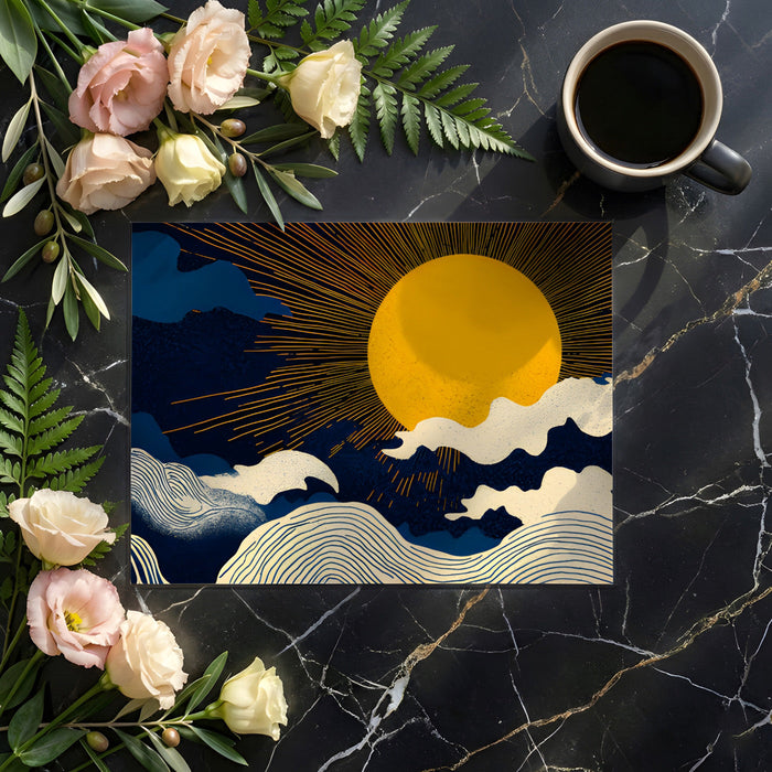 A cozy home office space with a Japanese-inspired sun and ocean wave mural on the back wall