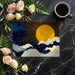 A cozy home office space with a Japanese-inspired sun and ocean wave mural on the back wall