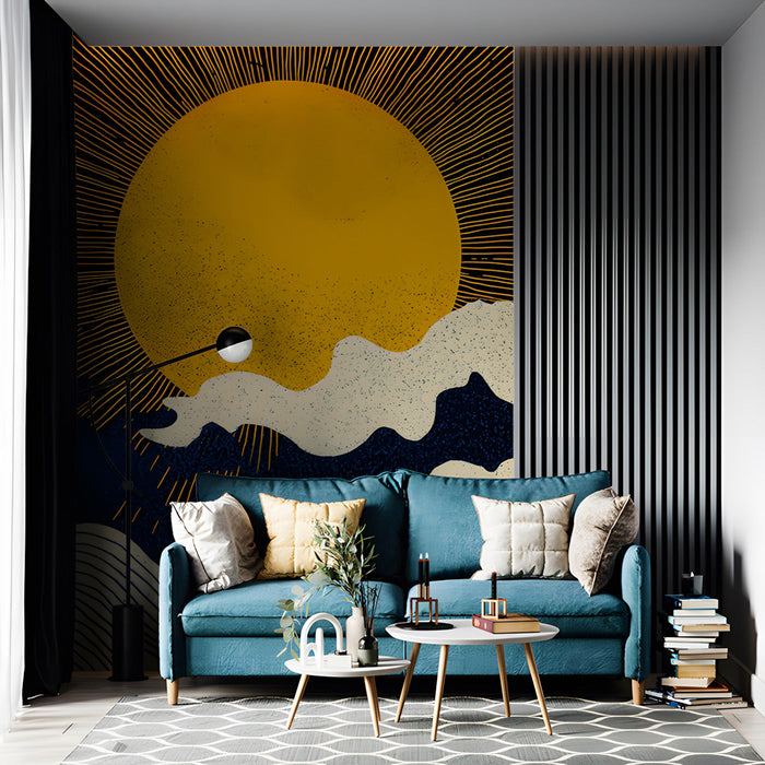 Stylish living room interior with a bold graphic sun mural above a low-profile wooden bed frame