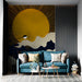 Stylish living room interior with a bold graphic sun mural above a low-profile wooden bed frame