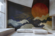 Modern an exhibition hall featuring a celestial solar wave mural behind a charcoal grey velvet sofa