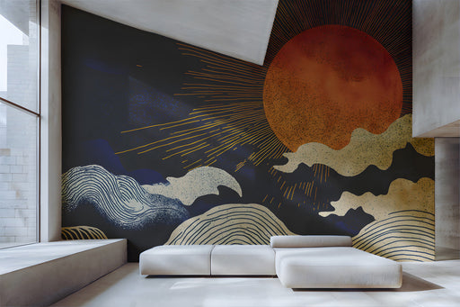 Modern an exhibition hall featuring a celestial solar wave mural behind a charcoal grey velvet sofa