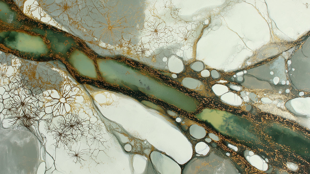 Abstract fluid art wallpaper with forest green, sage, white, and metallic gold branches