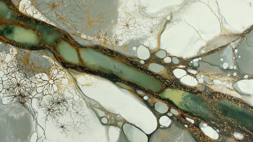 Abstract fluid art wallpaper with forest green, sage, white, and metallic gold branches
