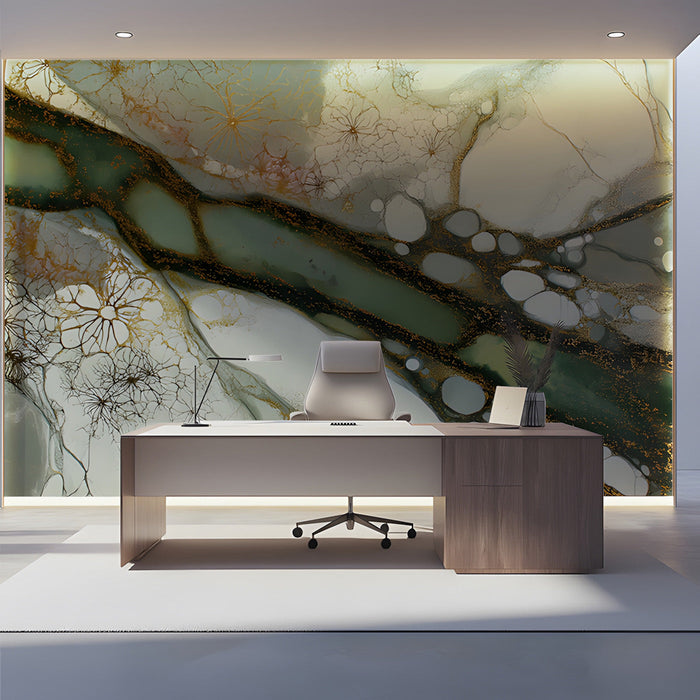 Minimalist office interior with a sweeping green and gold fluid art accent wall