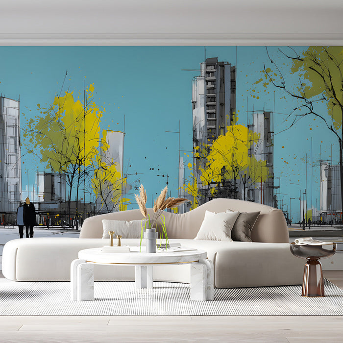 Minimalist living area with artistic cityscape wall mural and light wood dining table