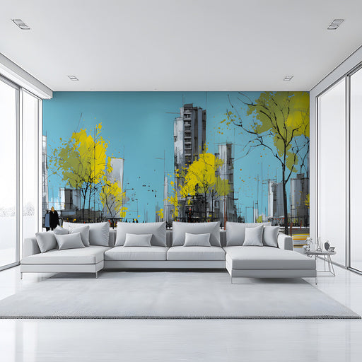 Modern living room featuring a vibrant city sketch wallpaper behind a low profile gray sofa