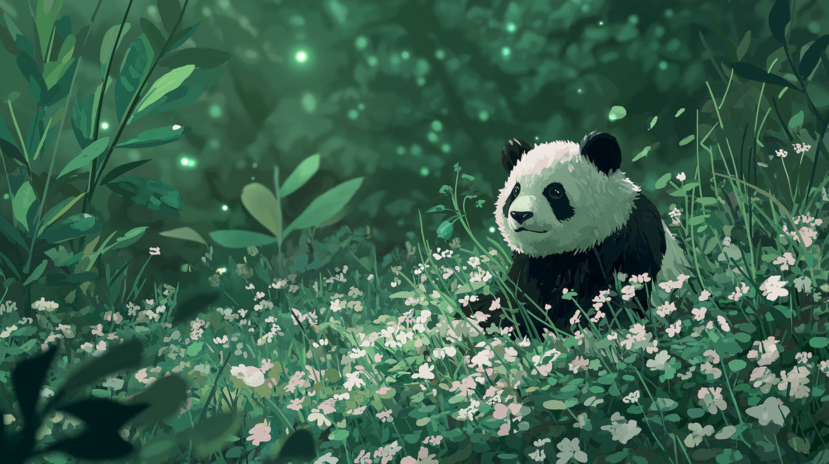 A cute panda sitting in a meadow of white flowers with a dark, glowing forest background