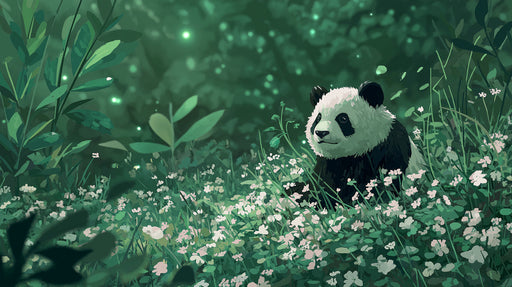 A cute panda sitting in a meadow of white flowers with a dark, glowing forest background