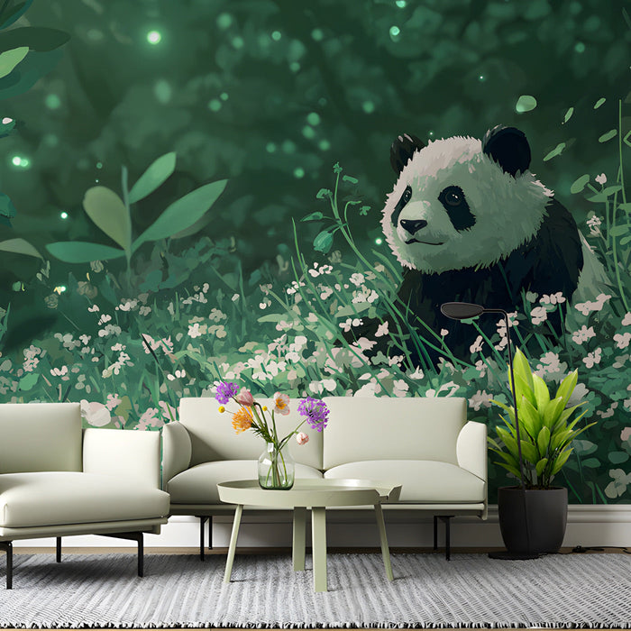 Whimsical panda mural styled in a peaceful living room with wooden crib