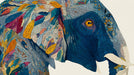 Close up of an elephant profile made of intricate feather and line art patterns in sapphire, orange, and yellow